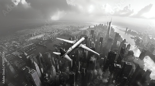 Capture the intricate details of a birds-eye view cityscape merging with iconic aviation landmarks in photorealistic black and white digital rendering