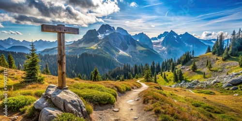 A wooden trail signpost stands amidst a panoramic view of the alpine wilderness, guiding hikers through scenic meadows and rocky terrain.