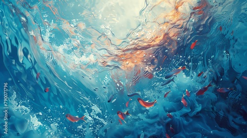 Illustrate a surreal underwater scene from a birds-eye view, incorporating swirling patterns of aquatic life in a dreamy, ethereal setting Utilize watercolor techniques for a soft, fluid transition be