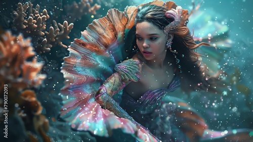 Bring to life a vibrant underwater kingdom where mermaids model avant-garde seashell accessories inspired by Mystical Creatures, portrayed in shimmering acrylic and digital glitch art techniques combi