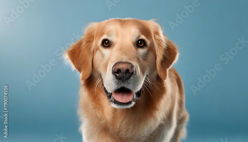 portrait of golden retriever in front of blue background. Dog wallpaper.
