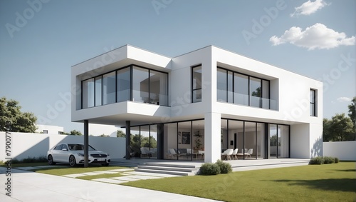 3D-rendering-illustration-of-modern-minimal-house-with-light-reflection-on-ground-with-white-background