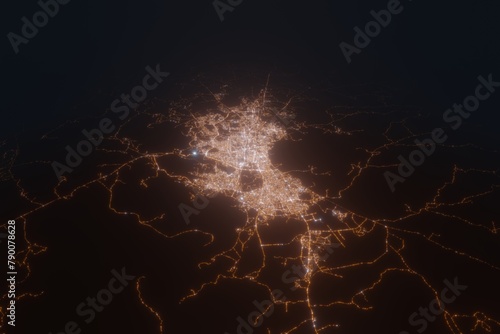 Aerial view on Sana'a (Yemen) from south. Top view on modern city at night from space