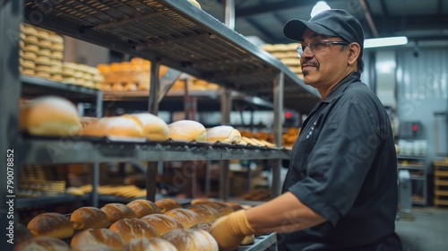 Latin American baker moving a rack of bread trays at an industrial bakery