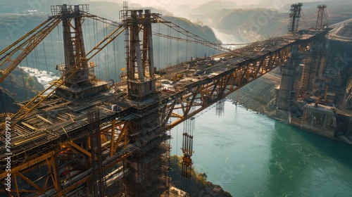 A bridge under construction, its intricate structure spanning a vast river, symbolizing human ingenuity