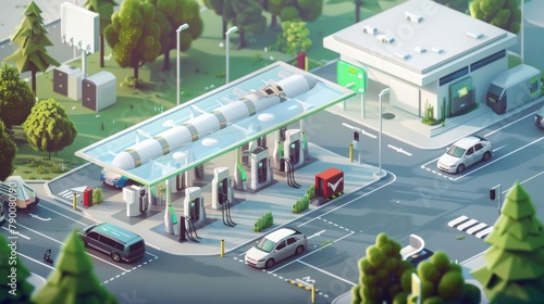 A bustling hydrogen fueling station, where vehicles of all shapes and sizes are being refueled with clean, renewable energy.