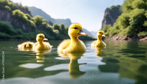 Four Adorable Ducklings Swimming in a Calm River