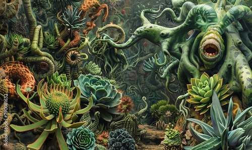 Illustrate an otherworldly succulent garden with surreal watercolors, featuring bizarre, alien-like plants with twisted, spiky foliage
