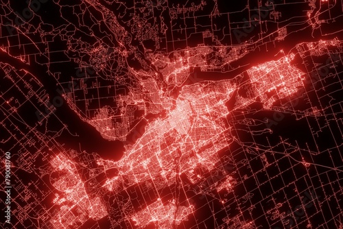 Street map of Ottawa (Canada) made with red illumination and glow effect. Top view on roads network. 3d render, illustration