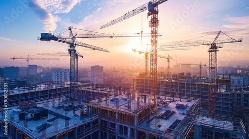 A construction site bustling with activity, cranes towering overhead, symbolizing progress and development