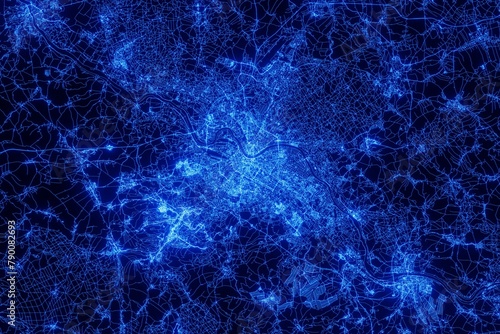 Street map of Dresden (Germany) made with blue illumination and glow effect. Top view on roads network