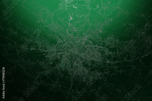 Street map of Bucharest (Romania) engraved on green metal background. Light is coming from top. 3d render, illustration