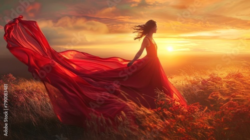 A flowing red dress billowing in the wind against a sunset backdrop, exuding elegance and romance