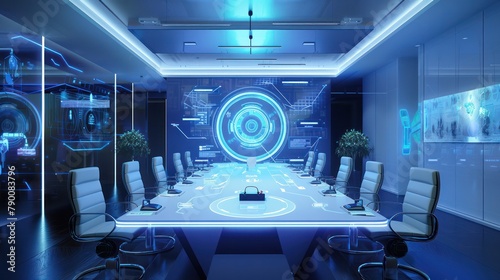 A futuristic meeting room with holographic projections and virtual reality headsets, showcasing the future of engineering collaboration