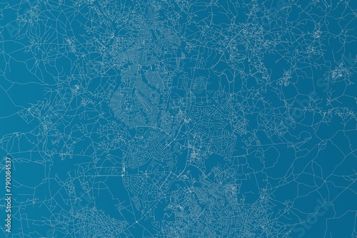 Map of the streets of Lilongwe (Malawi) made with white lines on blue background. 3d render, illustration