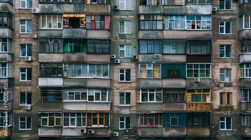 Soviet block house windows. Old urban building concept. Soviet architectural structure