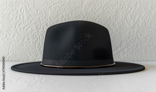 A black hat is placed on a plain white background, creating a striking contrast