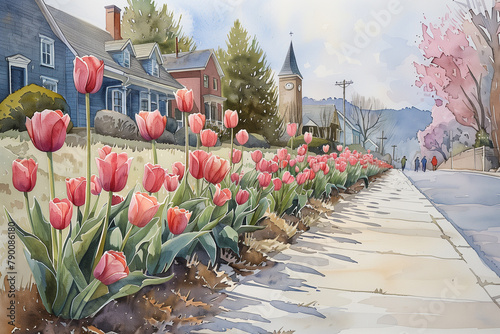 A watercolor painting depicting a small town street adorned with bright red tulips