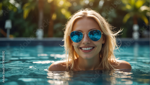 Portrait of a beautiful girl in the pool in summer tropical