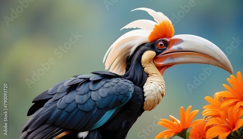 Portrait-of-colourful-hornbill-native-to-Indonesia--Knobbed-Hornbill--Aceros-cassidix--Huge-bird-with-gold-bristled-feathers-on-the-blue-neck--blurred-orange-flowers-in-background-Bird-of-Sulawesi-