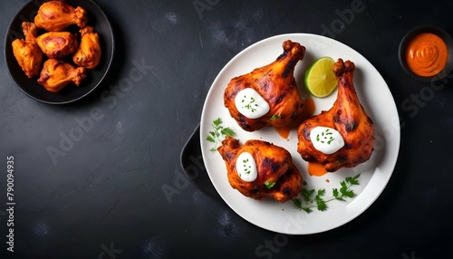 Indian-style-tandoori-chicken-on-plate-over-dark-stone-background--Chicken-legs-marinated-in-yogurt-and-spices--Top-view--flat-lay