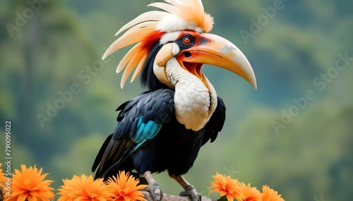 Portrait-of-colourful-hornbill-native-to-Indonesia--Knobbed-Hornbill--Aceros-cassidix--Huge-bird-with-gold-bristled-feathers-on-the-blue-neck--blurred-orange-flowers-in-background-Bird-of-Sulawesi