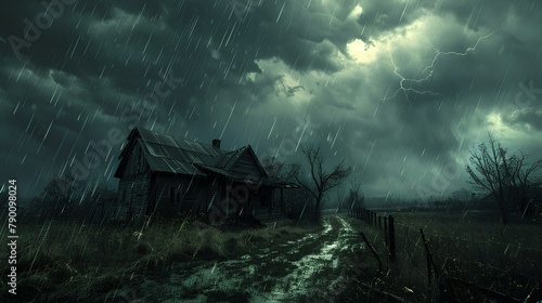 Tempest Over the Homestead, In this evocative scene, an isolated homestead stands under the foreboding sky of an impending storm, with lightning piercing the darkness,
