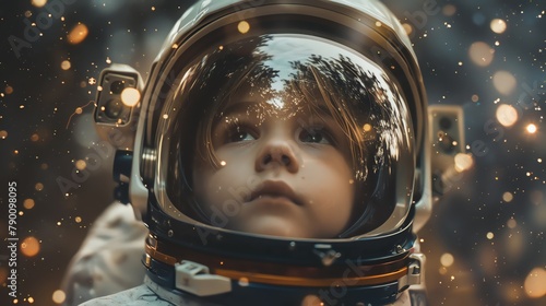 An astronauts helmet, a boys gaze transfixed on the celestial bodies floating in the blackness beyond, Fashion photography style, realistic photos