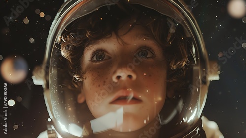 Pointofview from an astronauts helmet, a boys gaze transfixed on the celestial bodies floating in the blackness beyond, Fashion photography style, realistic photos