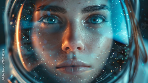 Closeup of a womans face in an astronaut helmet, her eyes gazing wistfully through the visor into the depths of space, Fashion photography style, realistic photos