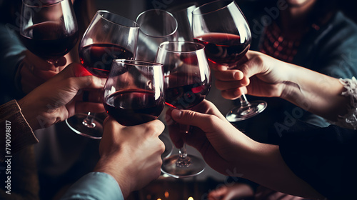 A group of people toasting with wine glasses, capturing the emotion and joy of the moment. The composition is filled with smiles and laughter as the glasses clink, symbolizing a shared celebration.
