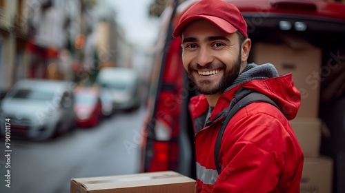 Smiling shipment service man, a mid adult courier in uniform, holding a customer order, looking up while unloading a cardboard box from the delivery truck. Portrait of a worker.