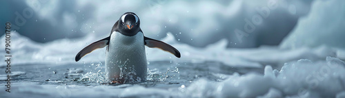 A penguin struggling to stay upright on slippery ice flapping its wings wildly