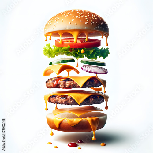 Illustration hamburger en lévitation avec détails réalistes pour la publicité, affiche ou menu de restaurant