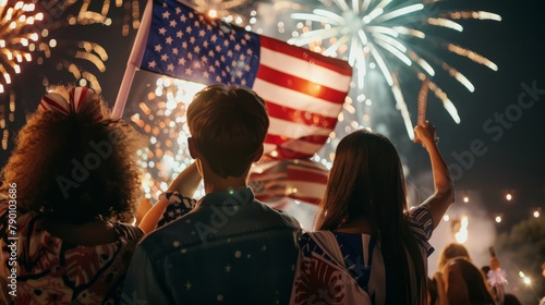 People celebrating 4th of July, watching fireworks. Concept for Independence day in United States of America