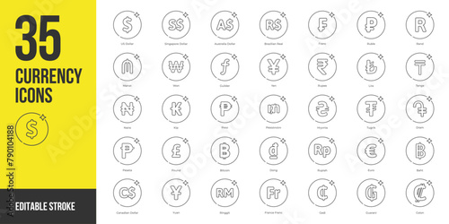 Popular currency symbol icon set in color style. Including usd, euro, yen, pound, franc, rupee, yuan, krona, baht, peso, ringgit, won, real, lira, rand, dinar.