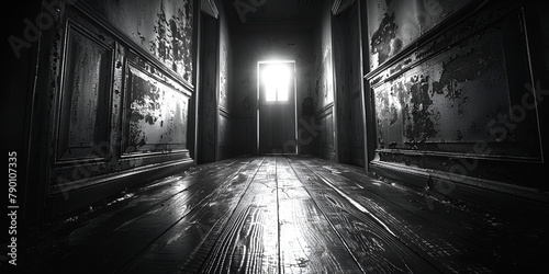 Open door dark mysterious style corridor with aging walls overhead light exuding atmosphere suspense mystery dark room shimmering 