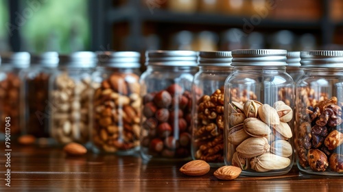 the varied textures of assorted nuts in transparent glass bottles, elevating a kitchen aesthetic