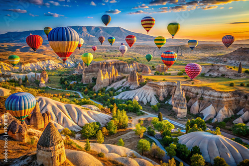 "Hot Air Balloon Ride": A picturesque scene of colorful hot air balloons floating above the breathtaking landscapes of Cappadocia, Turkey. 