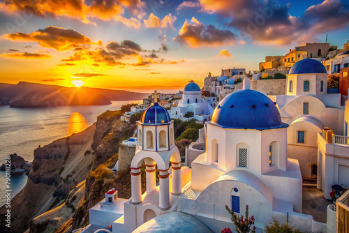 "Sunset over Santorini": A breathtaking view of the iconic white buildings and blue domes against a vibrant sunset backdrop in Santorini, Greece. 