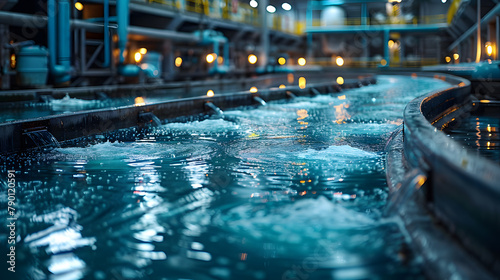  modern water cleaning facility at an urban wastewater treatment plant. The purification process of removing undesirable chemicals, suspended solids and gases from contaminated liquid