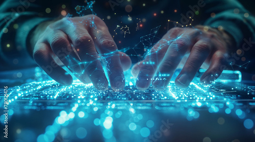 The man's fingers dance across the keyboard as he stares intently at the screen, surrounded by a mesmerizing web of glowing blockchain nodes and connections, resembling a luminous