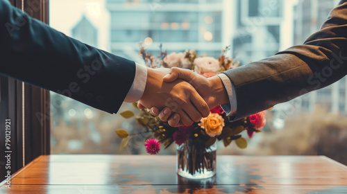 An intimate moment captured in a cozy office corner, two businessmen in tailored suits shaking hands over a polished wooden table adorned with fresh flowers, their joyful expressio