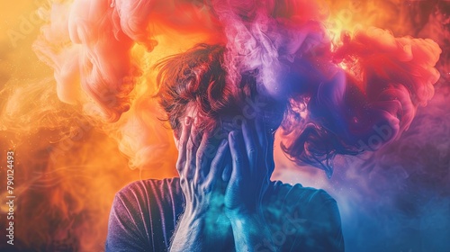 Vivid mind explosion concept with colorful smoke around a person