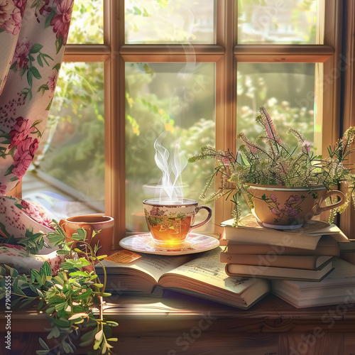 cozy morning sunlight illuminating a peaceful reading nook with steaming tea, books, and plants by the window