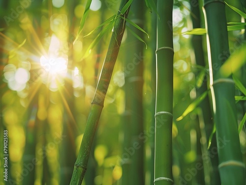 Peaceful scene of bamboo forest with sunlight filtering through the tall, green stalks, creating a natural, calming atmosphere