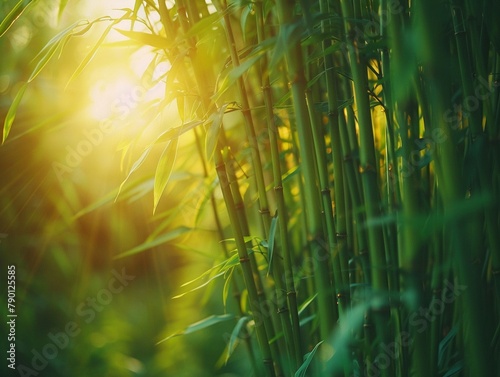 Peaceful scene of bamboo forest with sunlight filtering through the tall, green stalks, creating a natural, calming atmosphere