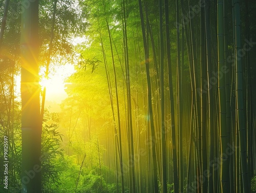 Peaceful scene of bamboo forest with sunlight filtering through the tall, green stalks, creating a natural, calming atmosphere