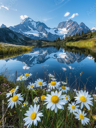 Pristine alpine lake reflecting the surrounding snowcapped mountains, with wildflowers dotting the shoreline, showcasing natures pristine beauty