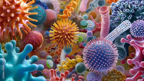 Highly detailed, colorful illustration of various microorganisms
